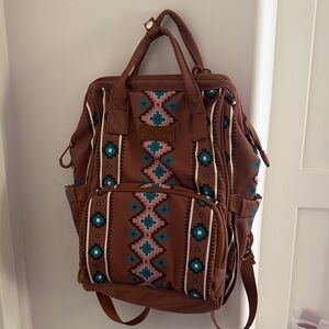 Trendy Wrangler Brown Backpack with Blue Aztec Accents